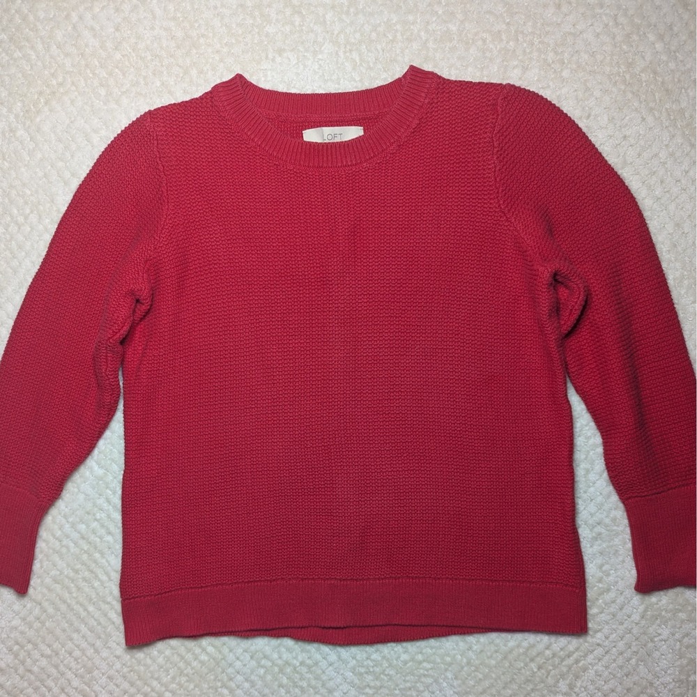 LOFT Textured Knit Sweater Womens Large Red Crewneck Cotton Blend Pullover